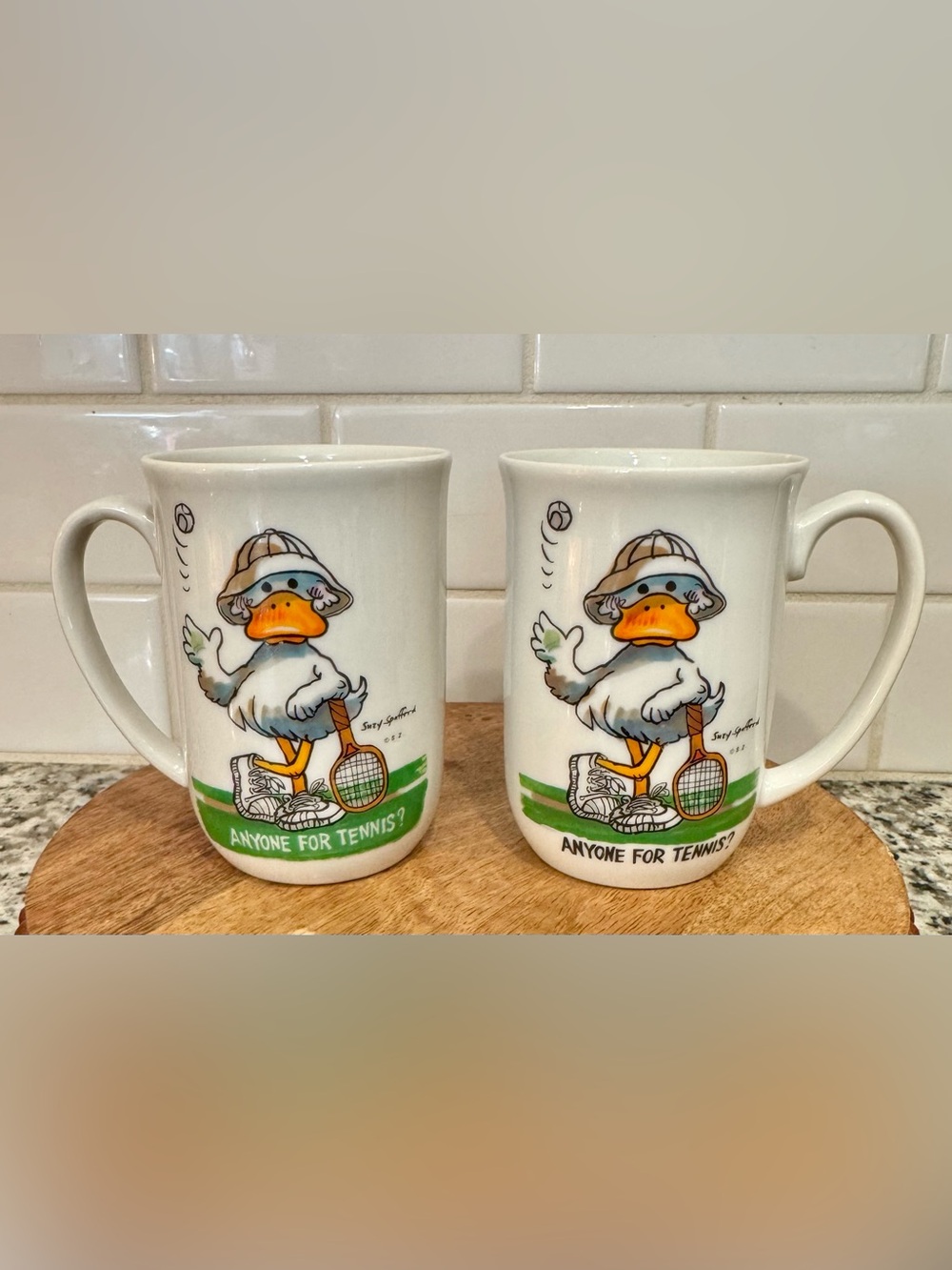 Enesco Suzy’s Zoo Vintage 1976 “Anyone for Tennis” Duck Ceramic Mug Pair
